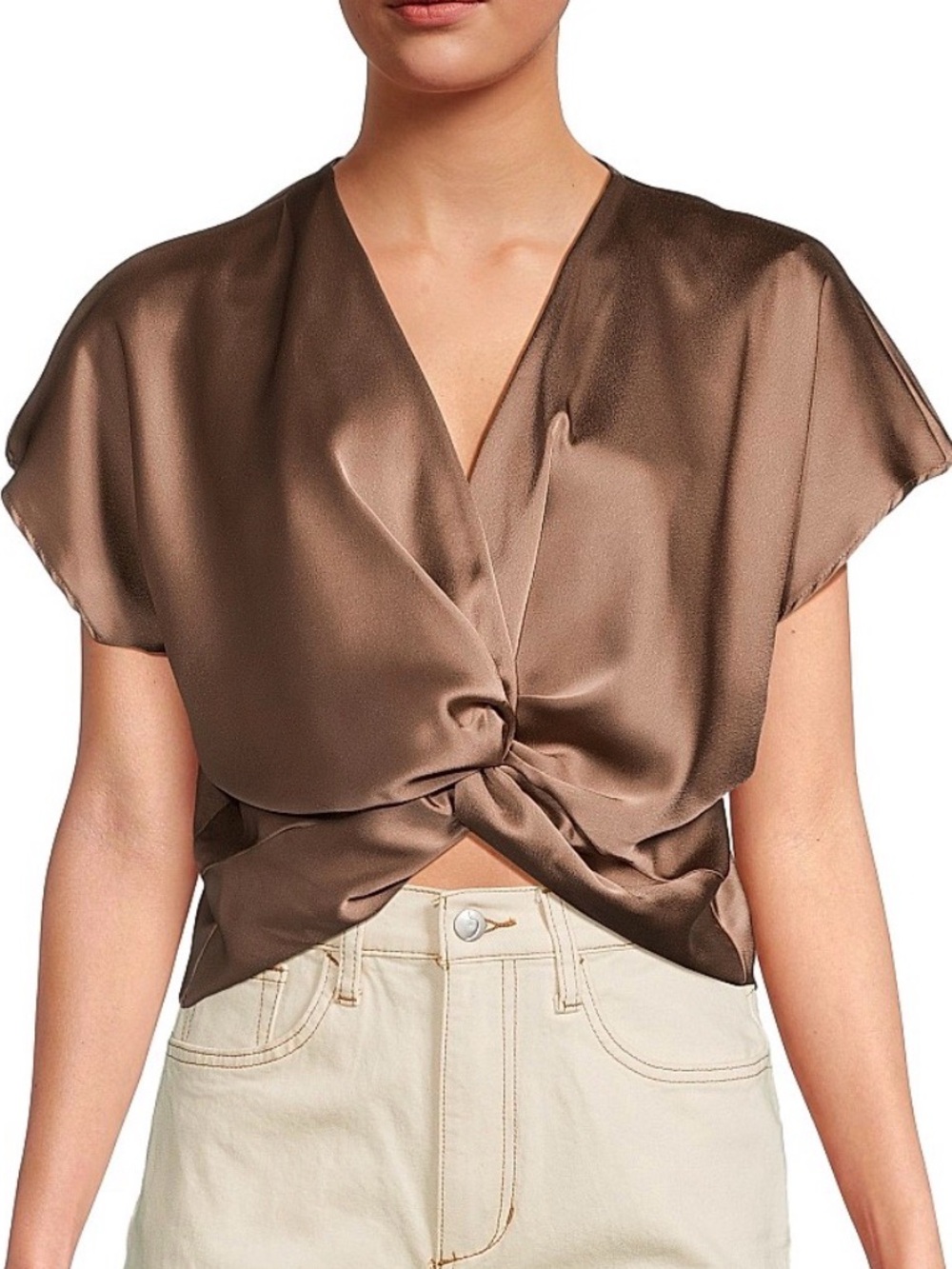 NEW!! House of Harlow 1960 crop-top  Twist-Front Blouse - Brown Sz L